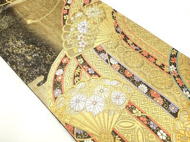 平和屋着物◎六通柄袋帯 唐織 檜扇滝青海文 手織引箔 金銀糸