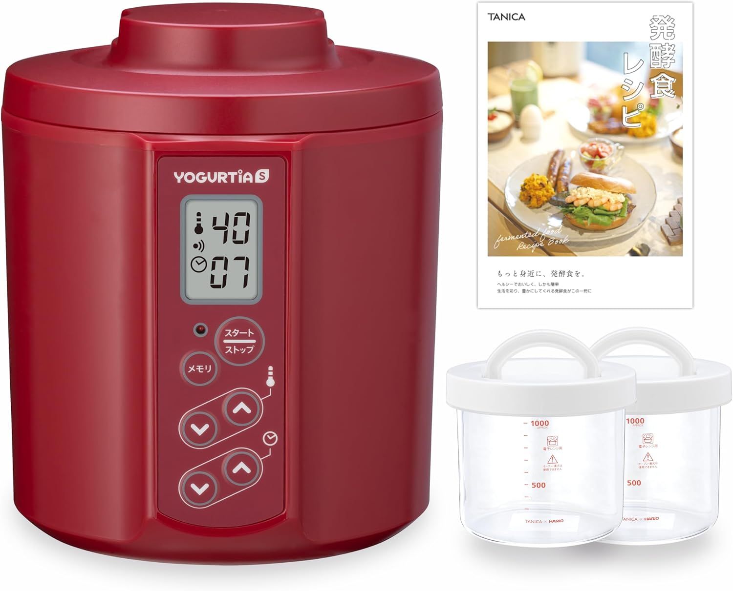 最新 国産 TANICA ヨーグルトメーカー HARIOガラス容器２個セット 温度調節 25～70℃ タイマー メモリ ブザー付 1100ml YS-02G ヨーグルティアS レッド