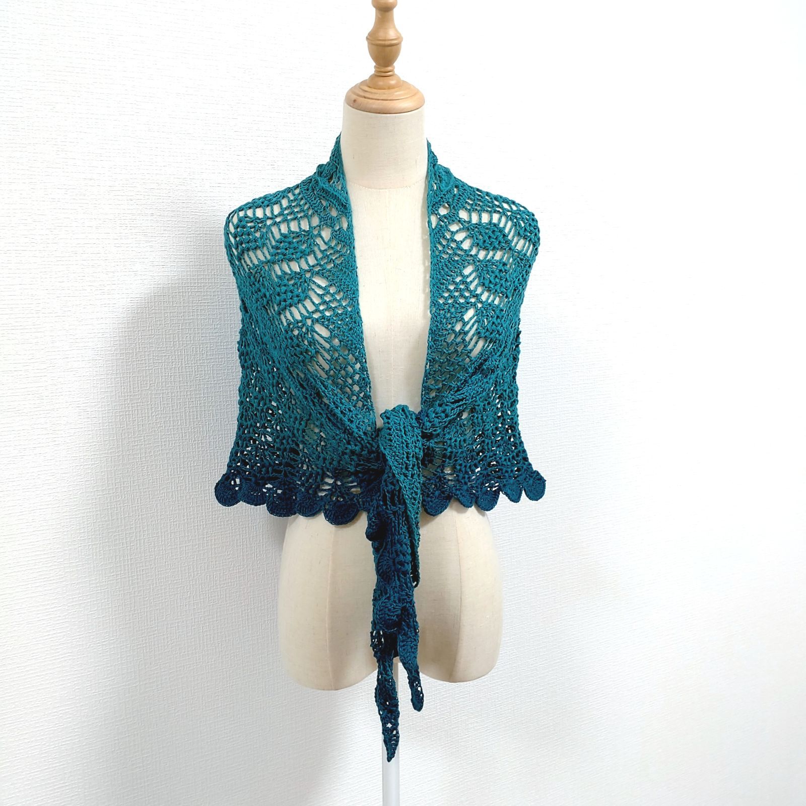 三角ショール　バレエショール　ブルー系　コットン100％　手洗・年中使用可　人気 ショール 三角ショール バレエショール コットン 手編み【パープル