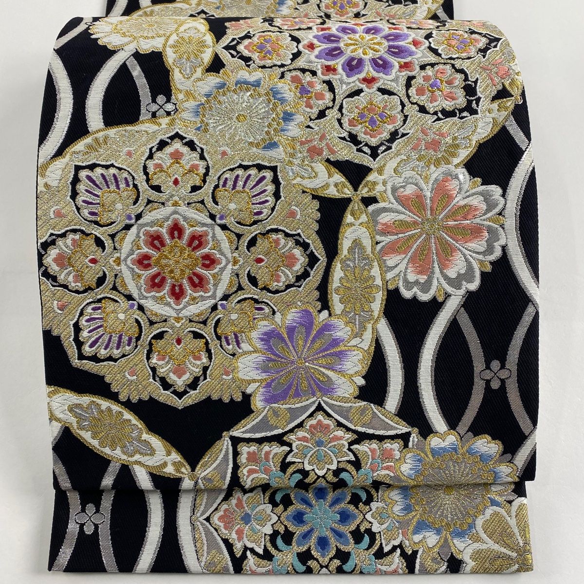 袋帯 秀品 華文 草花 金糸 金彩 黒 六通 正絹 【中古】 袋帯 美品 秀