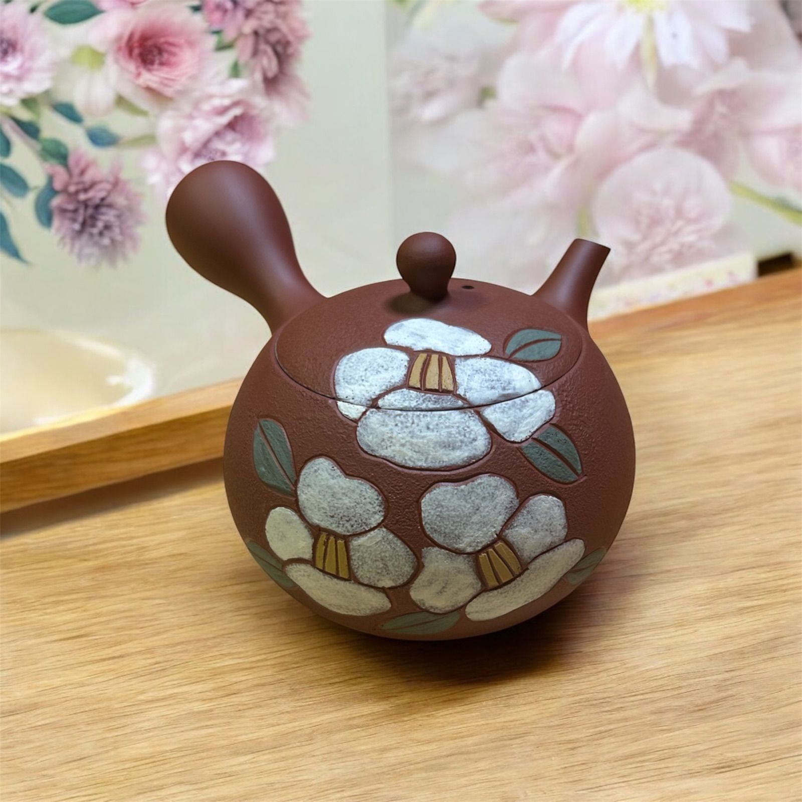 常滑焼 急須 椿 常滑焼 瀧田椿渓 朱泥横手急須 10cm 蓋無し