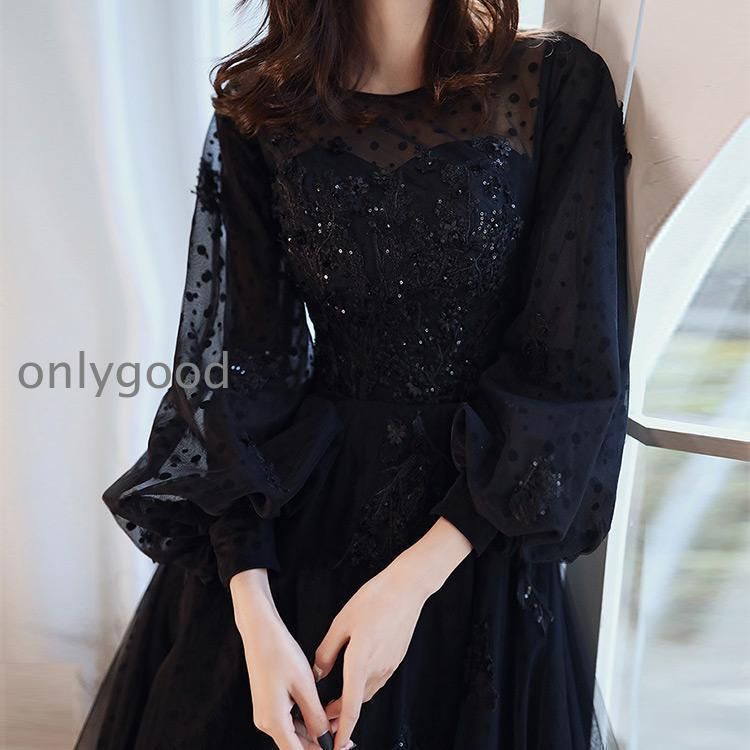 イブニングドレス ロングドレス 黒 パフスリーブ 長袖 発表会ドレス ブラック キラキラ スパンコール 花柄 ビーズ キレイめ パーティードレ