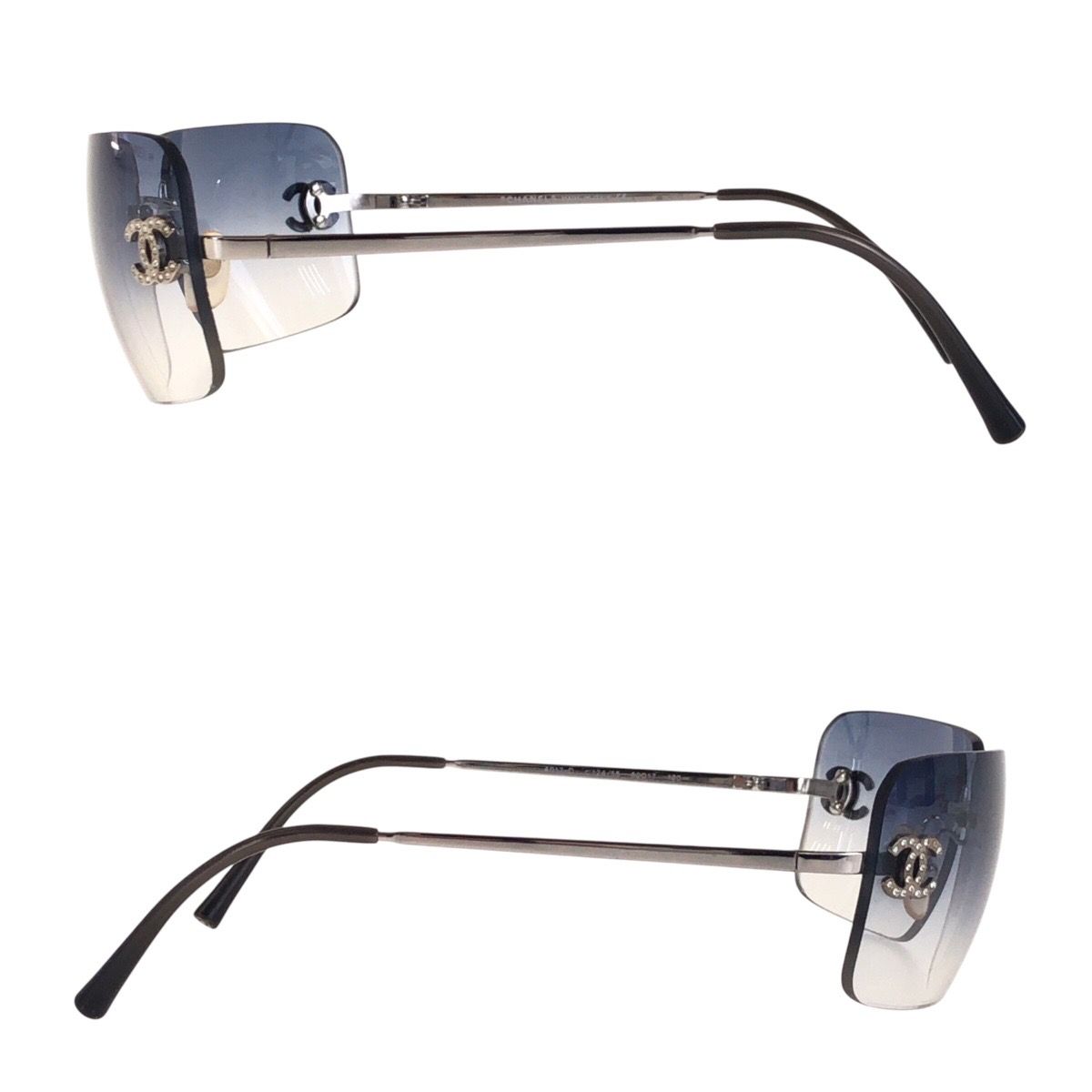 CHANEL メタルサングラス Vtg Chanel Blue Gradient Rimless Lens w/ Silver Metal & CC