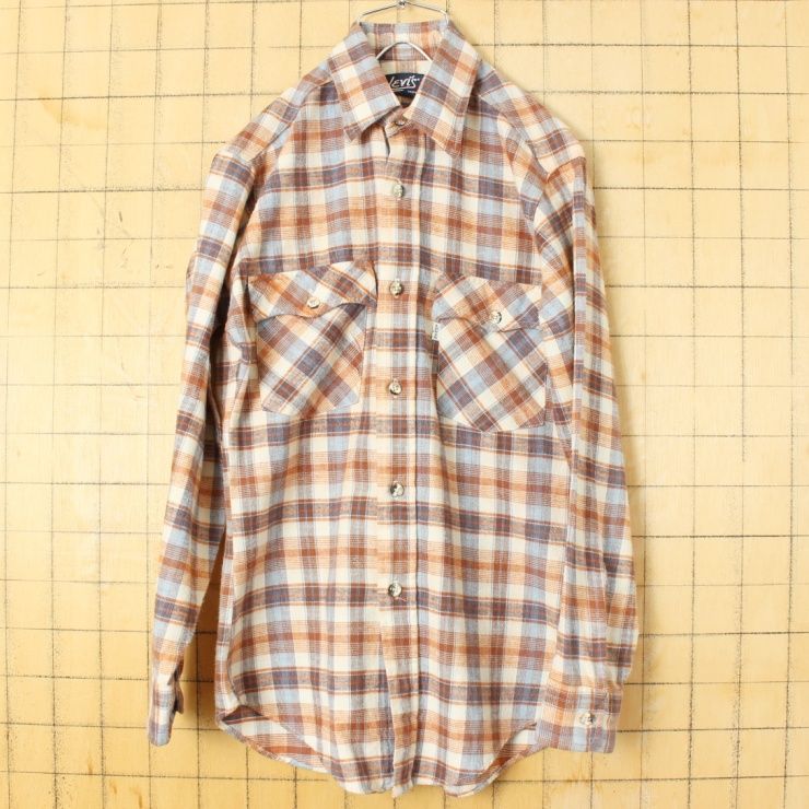 80s USA製 Levis リーバイス フランネル チェック シャツ ブラウン メンズS 長袖 アメリカ古着　013124ss54