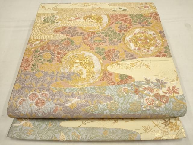 型押し風 全通 袋帯 金彩 ふくれ織 アンティーク調 正絹 Q645 袋帯 美品 名品 振袖向き 菱 花菱 唐織 箔 金色 六通 正絹 中古