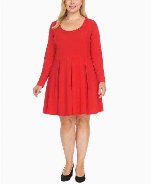 送料無料 ホワイトマーク レディース ワンピース トップス Plus Size Classic Long Sleeve Fit and Flare Dress Red