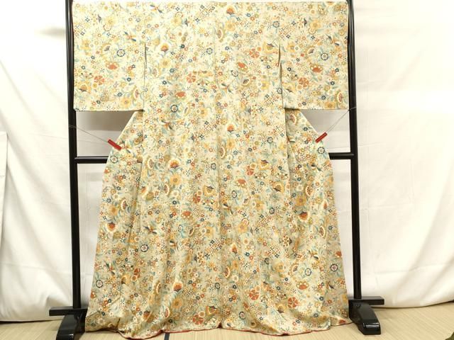 平和屋着物□上質な小紋 切嵌更紗花文 鬼しぼ縮緬 正絹