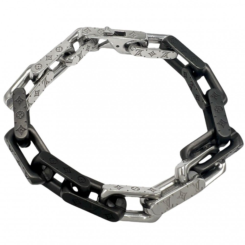 在庫一掃 ルイヴィトン ブレスレット メンズ モノグラムチェーン アクセサリー Lサイズ LOUIS VUITTON M00687 ブラック 黒 シルバー 約51.8g 品