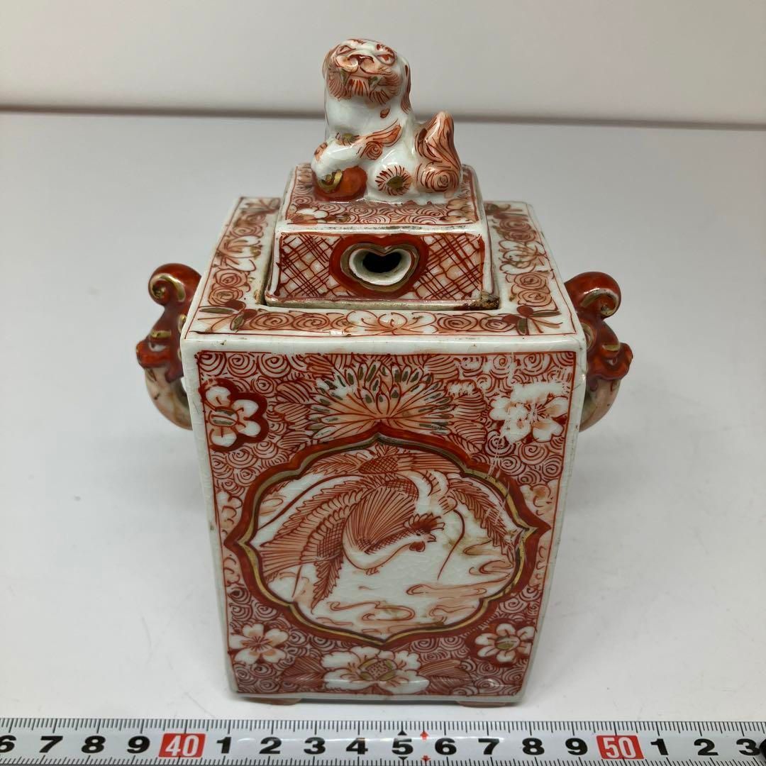 時代 九谷焼 赤絵 獅子摘み香炉 高さ15.2cm 東H5-0630①トヒチル