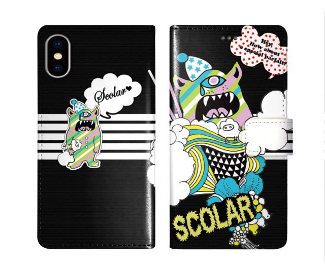 [Galaxy S10 SC-03L/SCV41] iPhone16 ケース スカラー スマホケース 手帳型 iPhone16 Pro ケース アイフォン16 15 14 13 12 11 スマホカバー 全機種対応 手帳 ScoLar オバケキャラ ブラック 