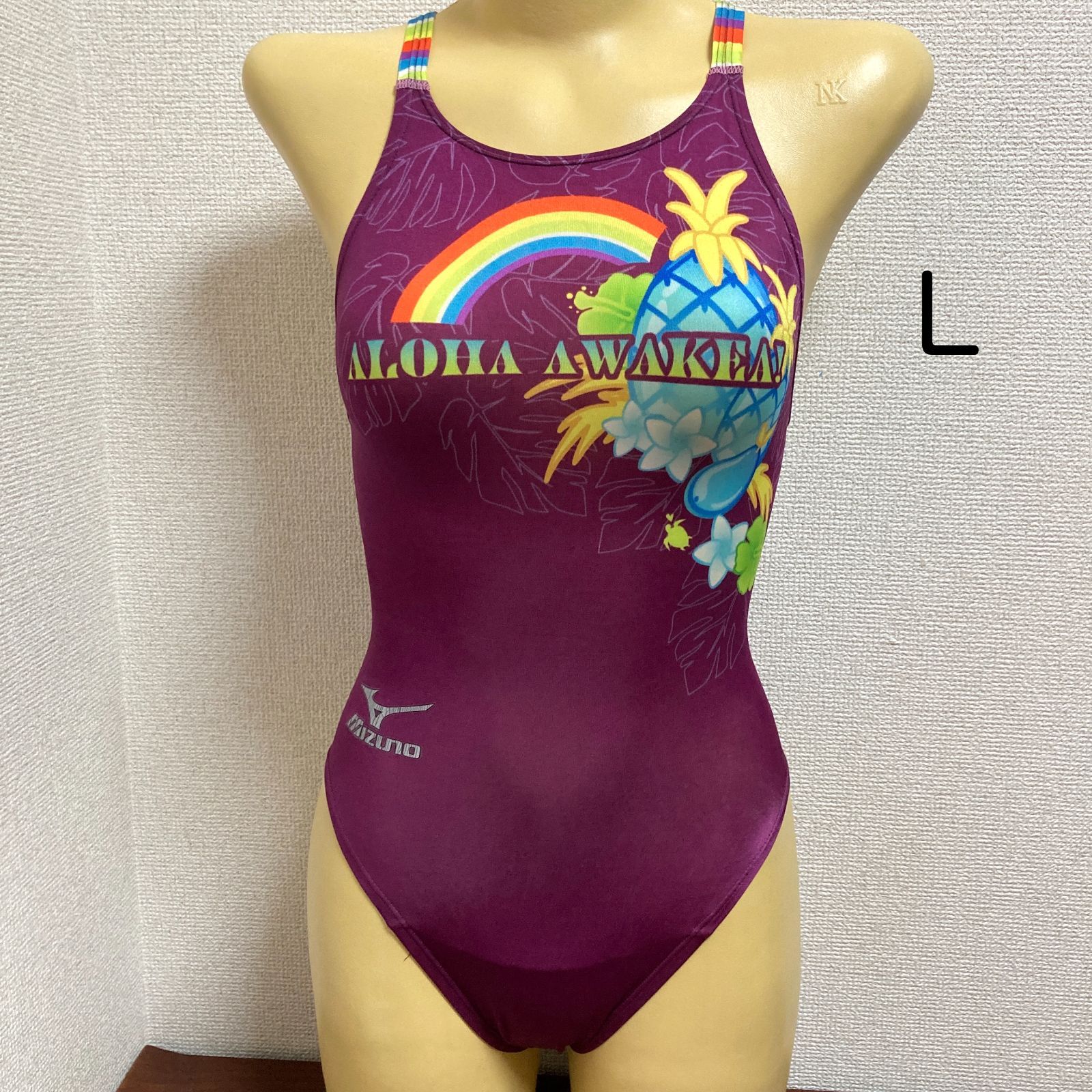 H198ミズノ♪ ♪ハワイアン柄パープルのハイカット小尻デザイン女子競泳水着♪練習やトレーニングや撮影用にも♪サイズL