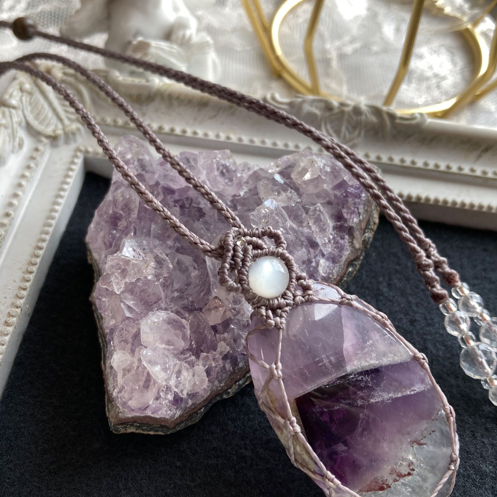 シェブロンアメジスト マクラメ編みネックレス 金属アレルギー対応 2月