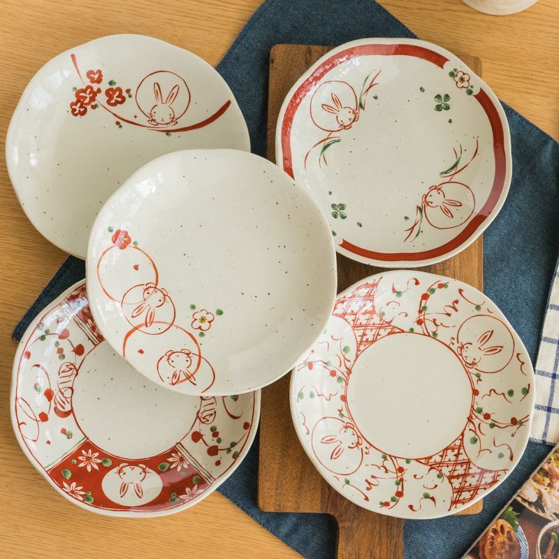 美濃焼 日本製 赤絵花うさぎ中皿揃 お菓子デザート 結婚祝い 贈り物