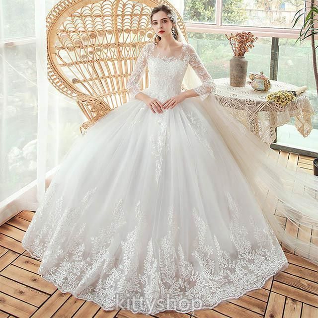 ウェディングドレス 袖あり 長袖 結婚式ドレス Aライン レース キレイめ ホワイトドレス ロング 白 ブライダルドレス 二次会ドレス 披露宴