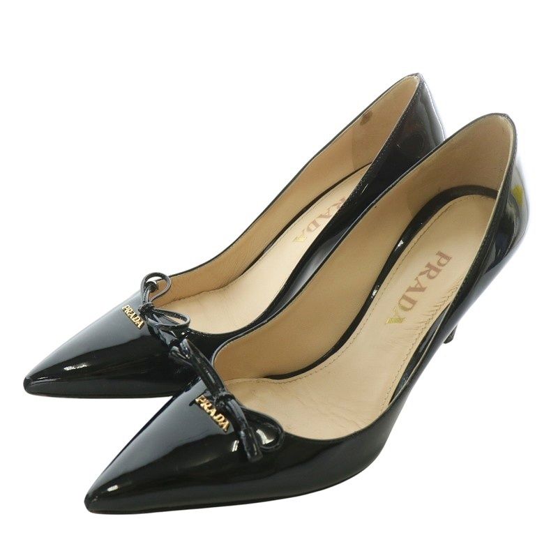 PRADA エナメルパンプス ヒール ロゴ金具 リボン ブラック 36 プラダ PRADA パンプス エナメル レザー ポインテッドトゥ