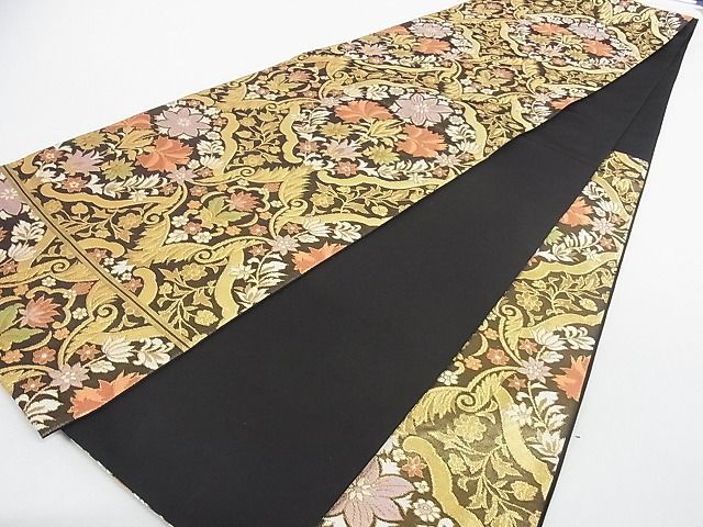 平和屋本店□極上 西陣 川島織物 六通柄 本袋帯 洋花文 黒地 金糸 正絹  