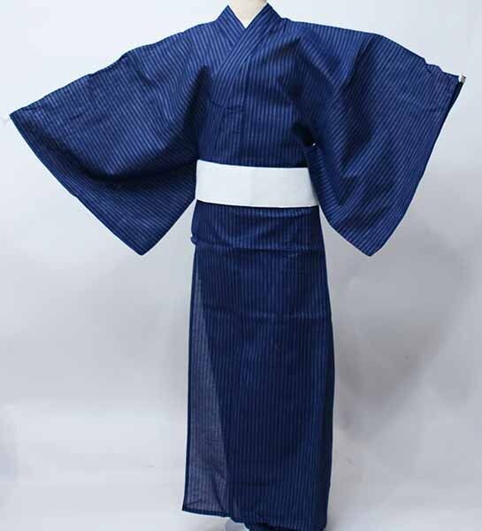 浴衣 帯 下駄 信玄袋 腰紐2本 6点フルセット 男性用 Lサイズ 綿85％ 麻15％ しじら織り 紺色 縞柄 夏祭り NO41743-2