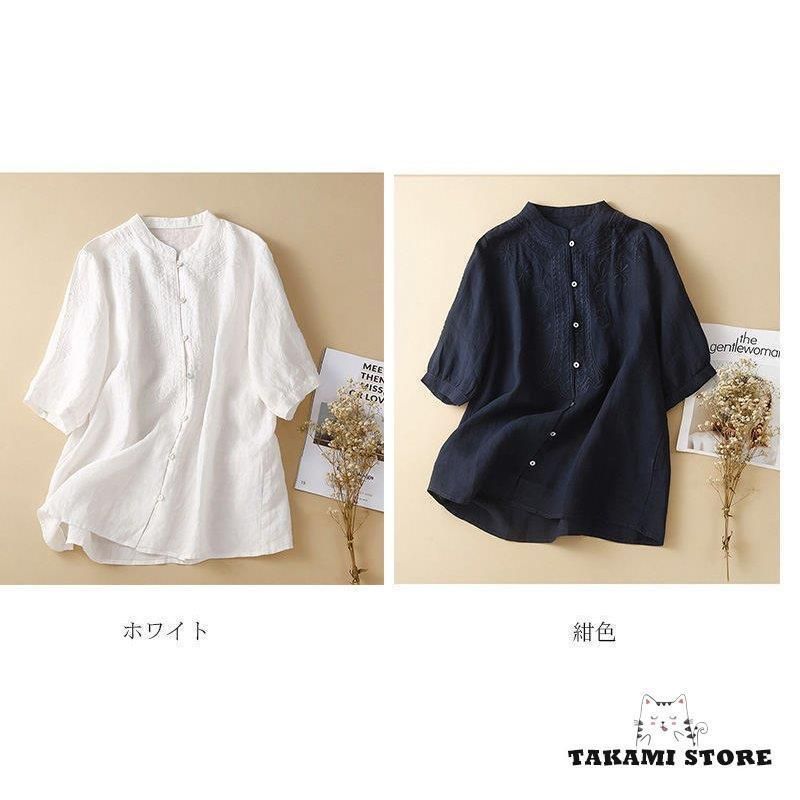シャツ トップス レディース 半袖 夏 シャツブラウス 綿麻シャツ ブラウス 無地 刺繍 チュニック 半袖シャツ 大きいサイズあり 前開け 通気性 40代 50代 夏物 シャツ トップス レディース 半袖 夏 シャツブラウス 綿麻シャツ