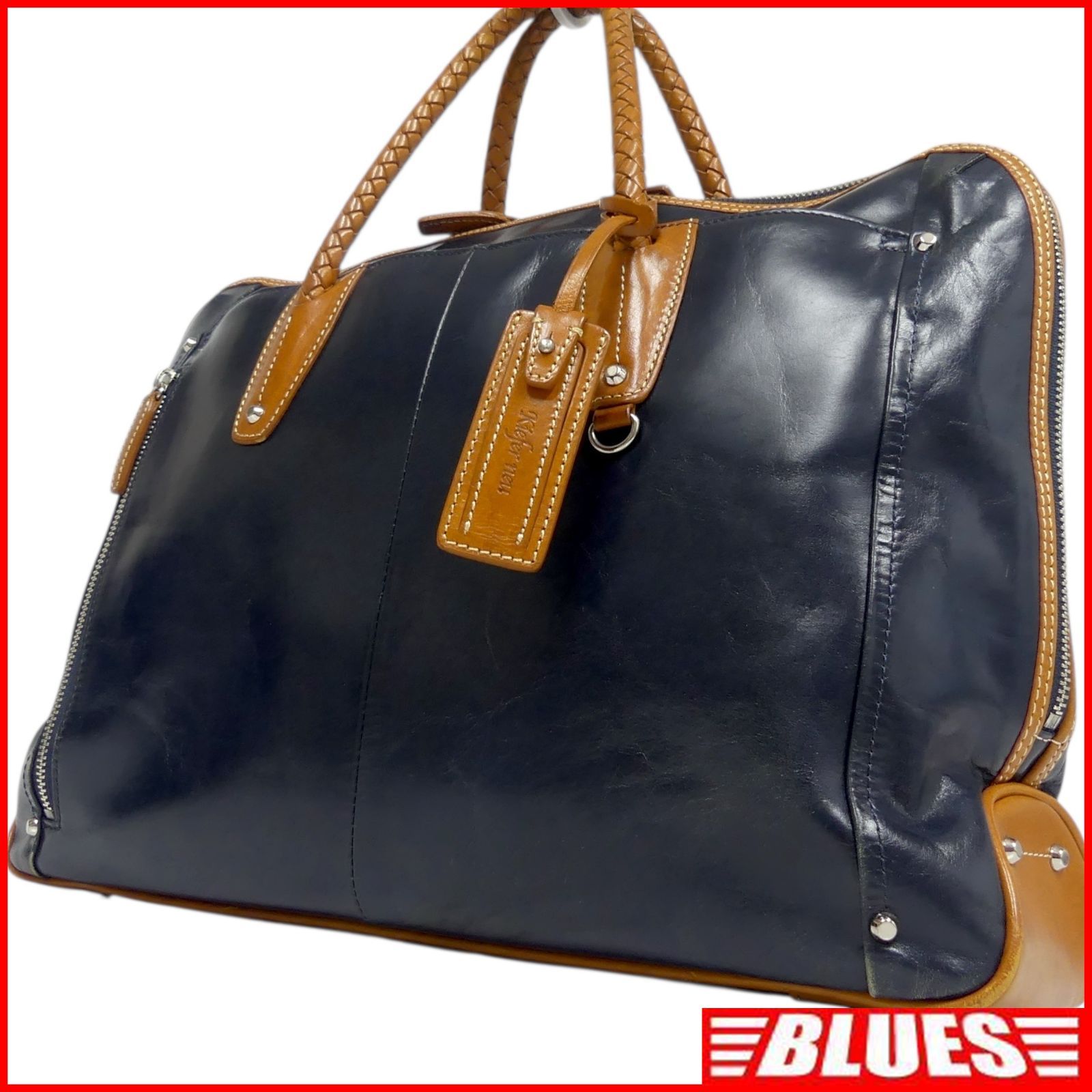 中古 キーファーノイ　ビジネスバッグ　2way A4可　レザー本革 ネイビー 茶 Kiefer neu キーファーノイ 2WAY ビジネスバッグ 本革 ブリーフ