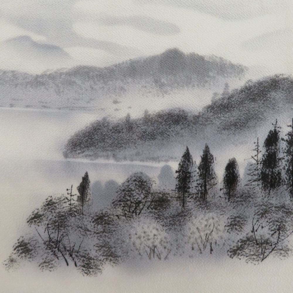 名古屋帯 染帯 正絹 風景柄 水墨画調 お太鼓柄 白x黒 縮緬 カジュアル 長さ369cm