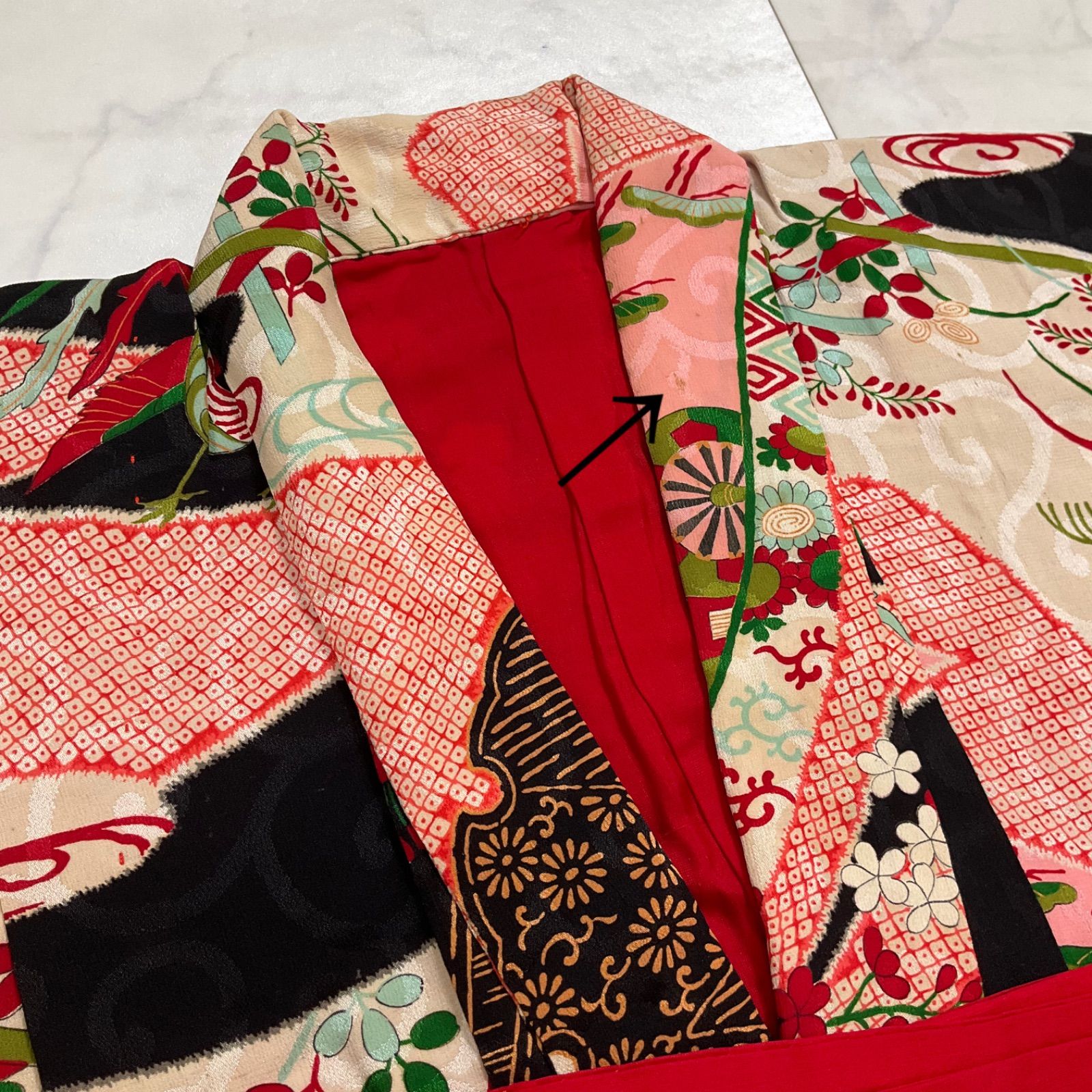 one◆7歳くらい用◆ ◆アンティーク子供着物◆綸子正絹◆七五三◆裄58肩丈142◆七五三お詣り女の子着物こどものひお正月卒業式十三詣り◆G313