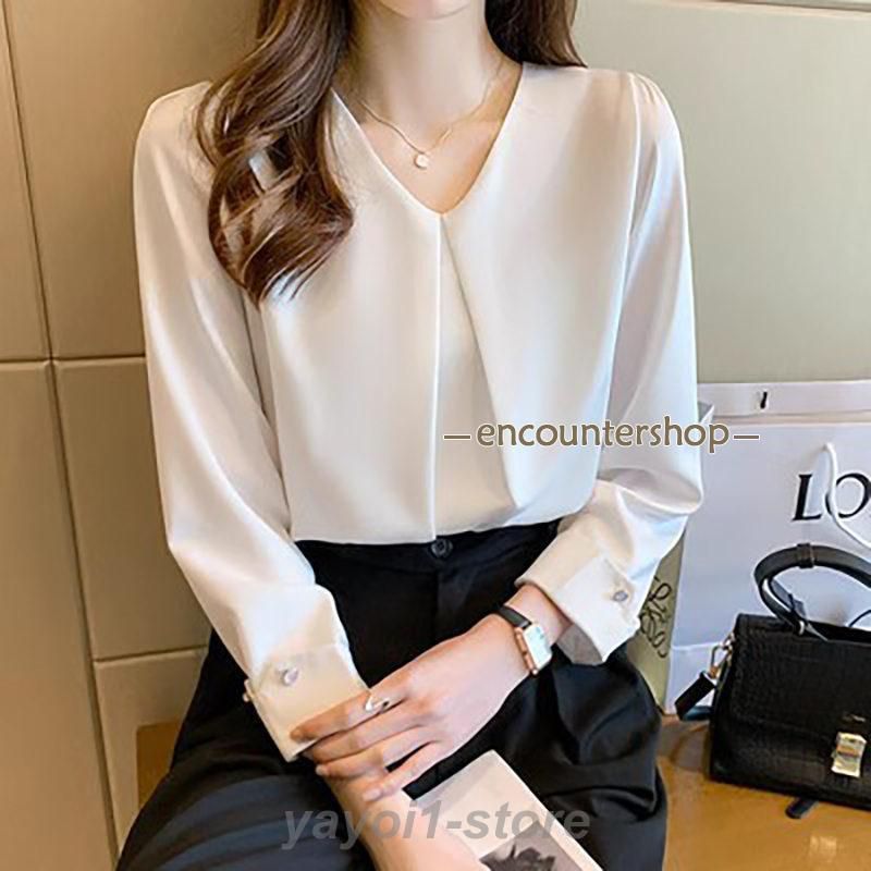【送料無料】ブラウス レディース 長袖 春秋 Vネック 長袖シャツ トップス 体型カバー OL 通勤 シフォン シンプル おしゃれ ビジネス デー【新作登場】ZZ520