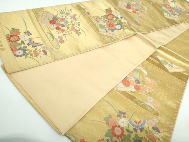 平和屋着物◎六通柄袋帯 摺箔佐賀唐織 花蝶文 金糸 正絹 逸品