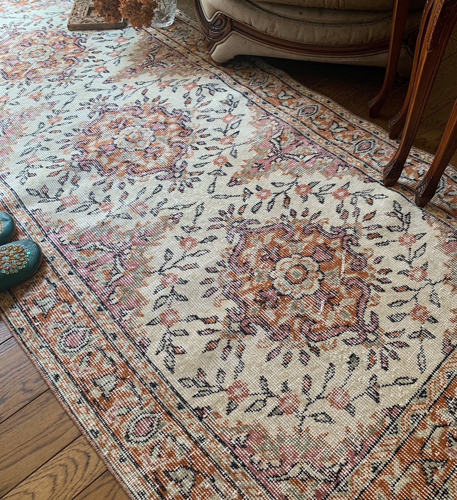 ペールオレンジ200×97 フラワーメダリオン トルコヴィンテージラグ