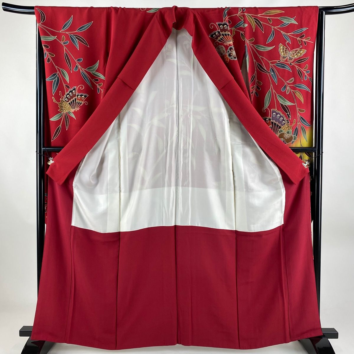 振袖 身丈163cm 裄丈66cm M 袷 橘花 蝶 染め分け ぼかし 赤 正絹 美品  