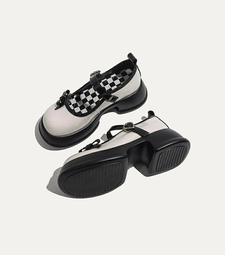 【セール】ストラップ パンプス 太ヒール 厚底 PUレザーメリージェーン靴 リボン 黒白 可愛い きれいめ 厚底靴 レディース 学生 卒業 発表会 女性用 個別調節