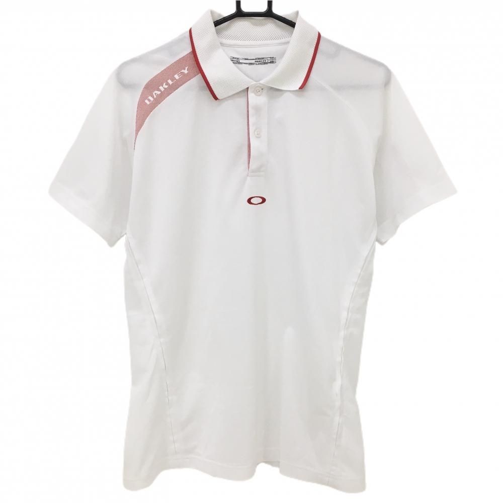 【美品】オークリー 半袖ポロシャツ 白×レッド 肩ロゴ メンズ L ゴルフウェア Oakley