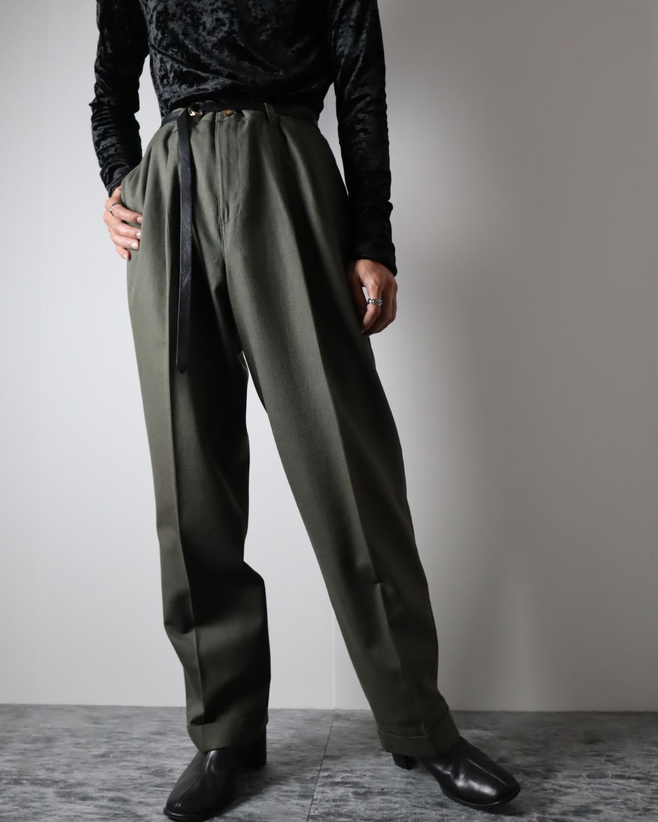 DOCKERS 2tuck Herringbone Cotton Wide Slacks Khaki ドッカーズ ヘリンボーン 2タック コットン ワイド  スラックス W34 緑系 カーキ