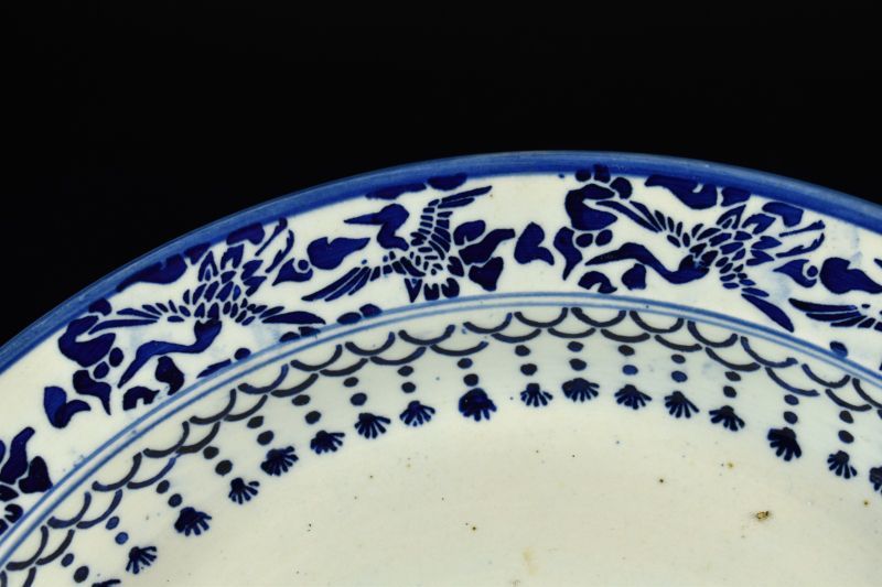 蔵A5498 古美術 尾張焼 雲鶴模様 砂鉢 明治期 40.5㎝ 当時箱