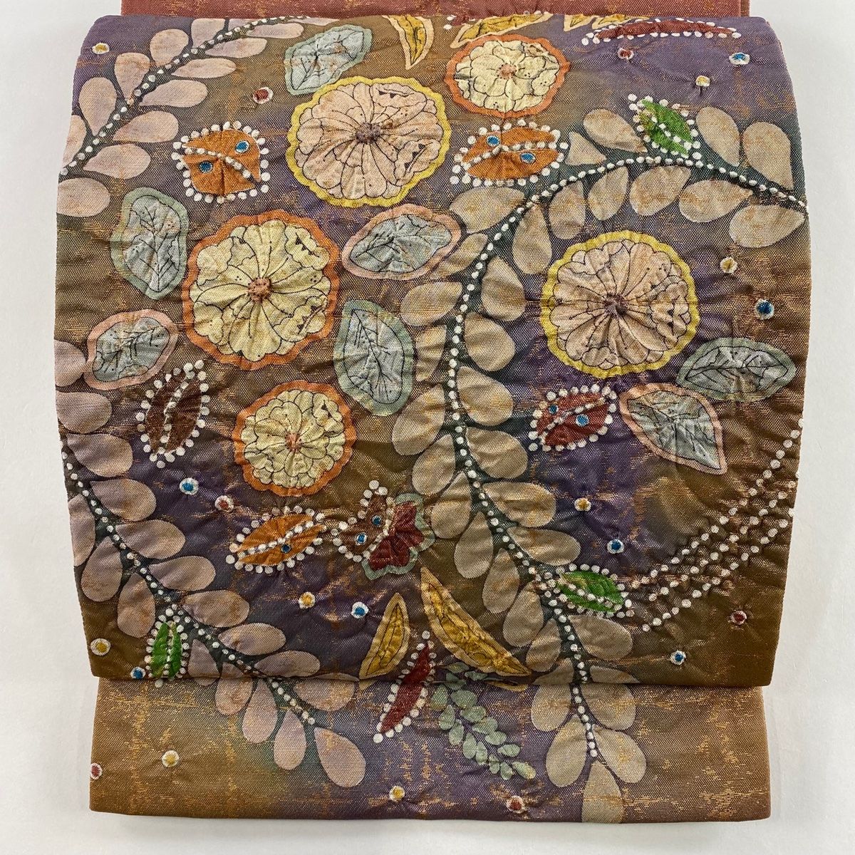 袋帯 秀品 落款 草花 箔 灰紫 お太鼓柄 正絹