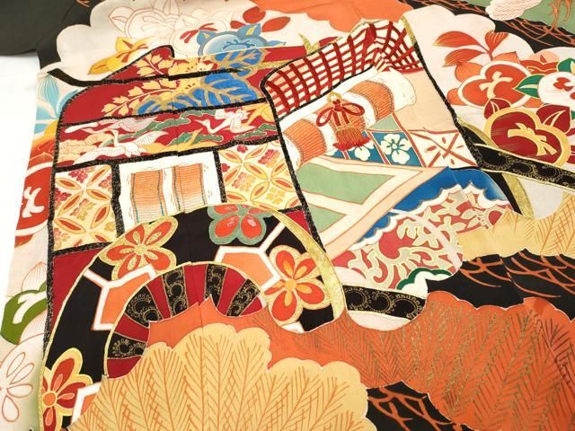 平和屋本店□極上 アンティーク 大正ロマン 振袖 駒刺繍 御所車飛鶴花