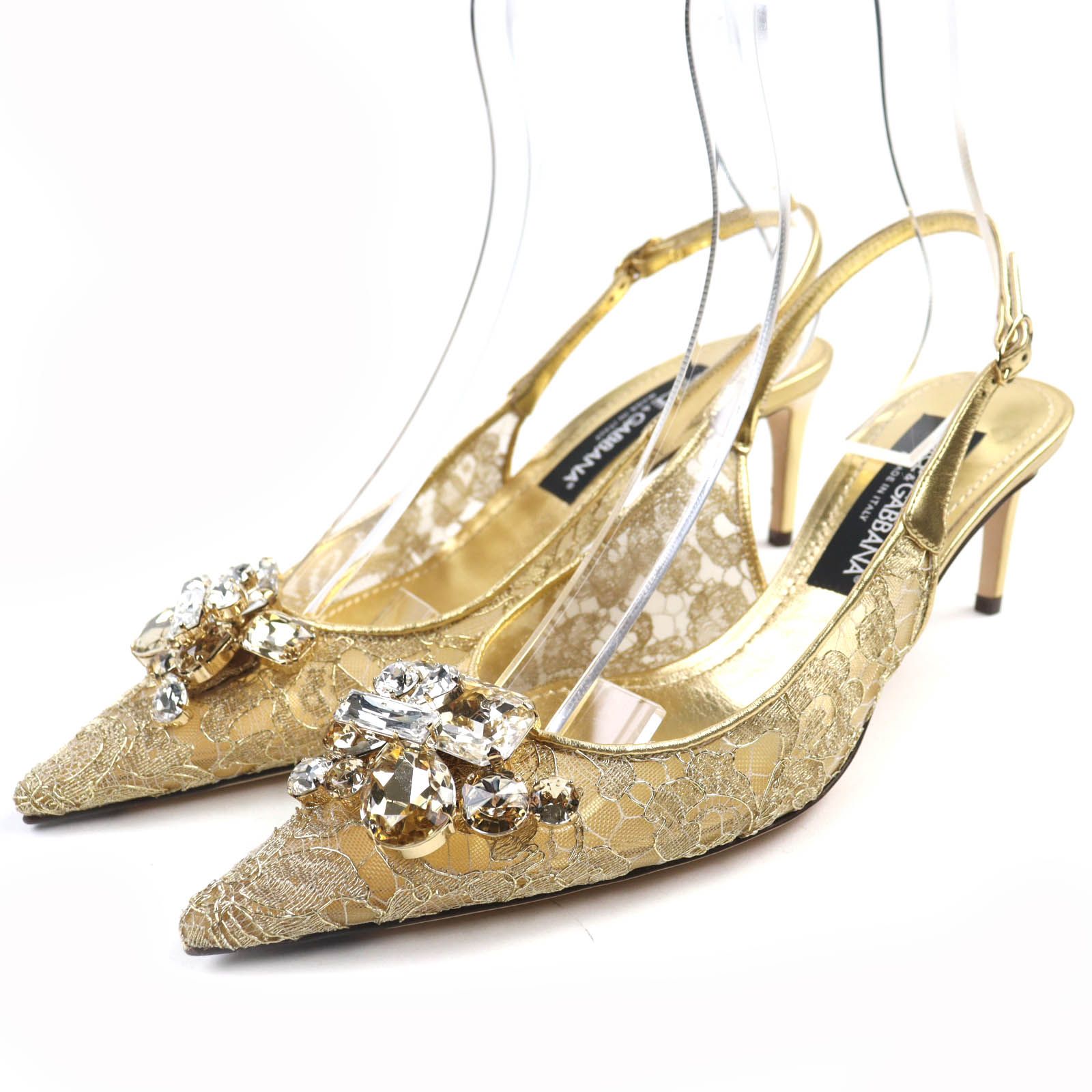 ♥品 DOLCE-GABBANA ドルチェ＆ガッバーナ スリングバックパンプス レインボーレース ルレックスレース クリスタルビジュー ミュール ゴールド 38 保存袋付き イタリア製 レディース 定価195 800円