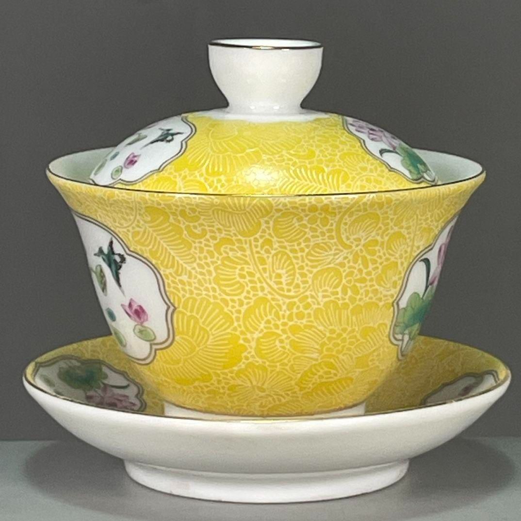 未使用品 花卉図紋三才蓋碗 中国茶器 景徳鎮 蓋付き 茶器 飲茶