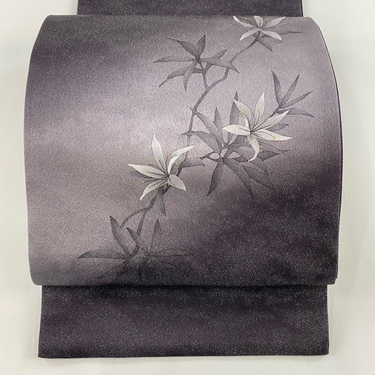 袋帯 秀品 草花 銀糸 灰紫 お太鼓柄 正絹