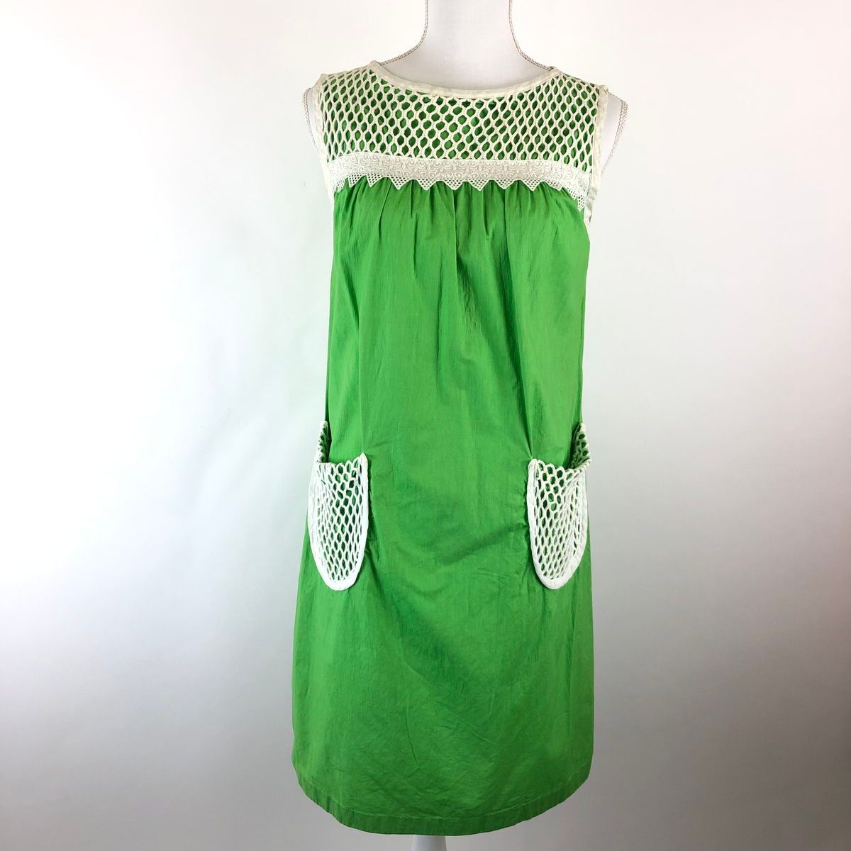 無地ワンピース コットンレース メッシュ 切替え 50年代 スリーブレス グリーン系 レディースM n016960