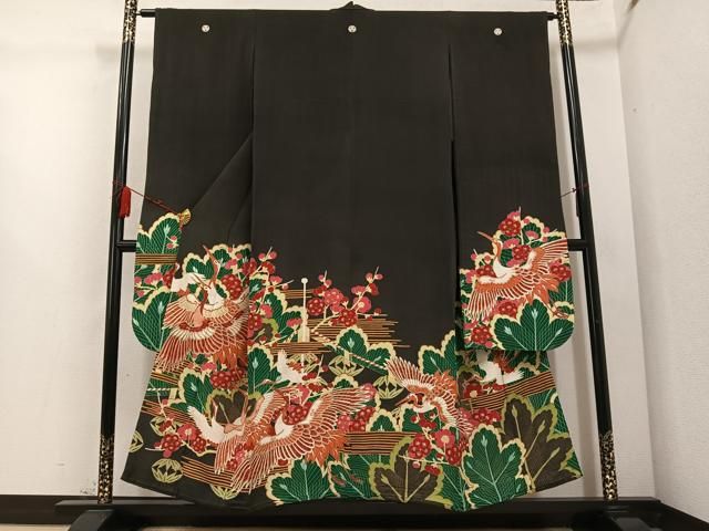 平和屋着物●アンティーク 大正ロマン 振袖 松竹梅群れ鶴文 黒地 金彩 正絹 AABC6839ph