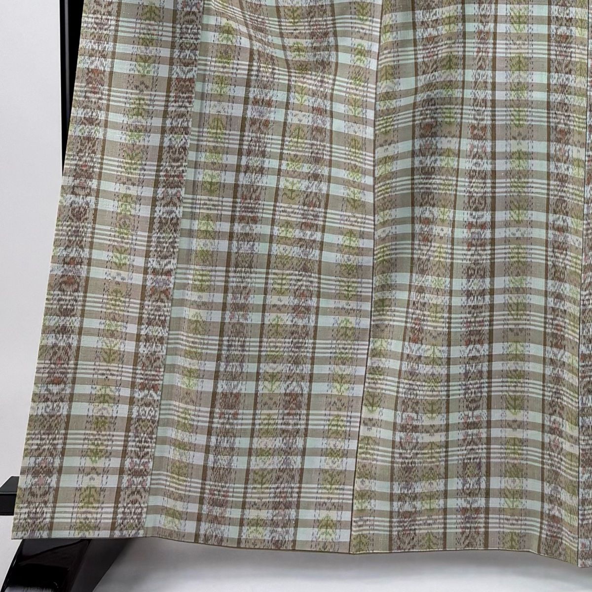 紬 身丈165cm 裄丈68cm L 袷 格子 草花 灰緑 正絹 美品 名品