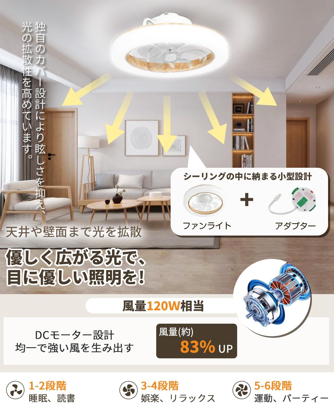 シーリングファン リング型 ブラック逆回転機能 空気循環 DCモーター