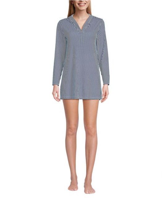 送料無料 ランズエンド レディース ワンピース トップス Women s SunShade UPF 50 Hooded Mini Swim Swim Cover-Up Dress Deep sea navy mini stripe
