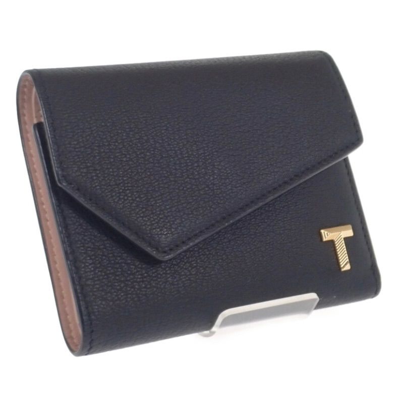 ティファニー　三つ折り財布　Tコレクション　レザー　黒　ピンク　保存袋付き