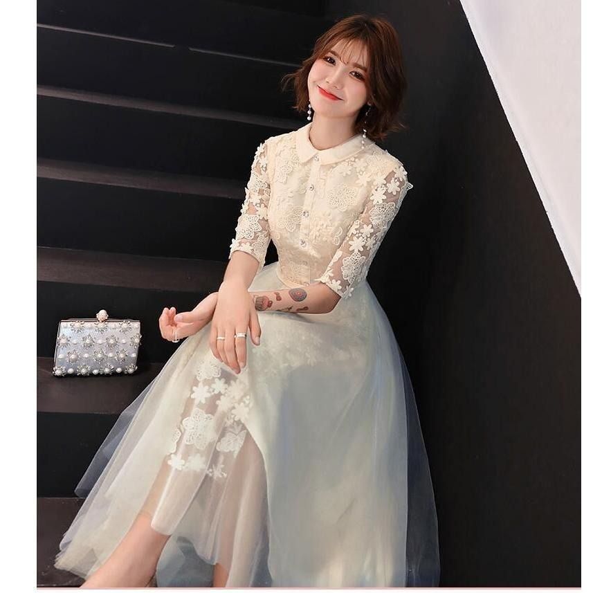 Aラインワンピ 袖あり パーティードレス ミモレドレス ウエディングドレス 20代 30代40代 お呼ばれ 二次会 披露宴