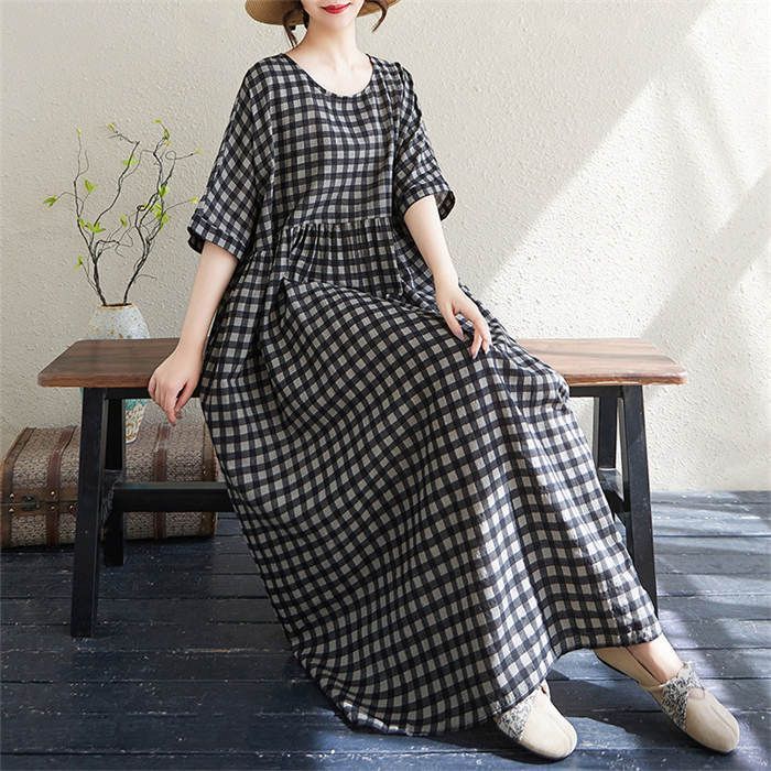 チェック柄 ワンピース 綿麻風 半袖 レディース ロング丈 夏 チェック柄 ワンピース 綿麻風 半袖 レディース ロング丈 夏