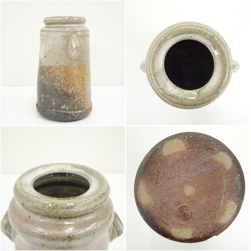 ブランド品専門の 萩焼 十五代 坂倉新兵衛造 灰被耳付花入（共箱） 花入れ 茶道 工芸品