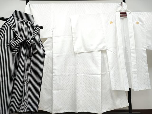 平和屋着物■極上　男性　色無地　紋付き羽織・行灯袴セット　キングサイズ　舞台衣装　花菱地紋　白地　洗える着物　逸品　CYAA3476s5 平和屋着物□極上 男性 色無地 紋付き羽織・行灯袴セット キングサイズ