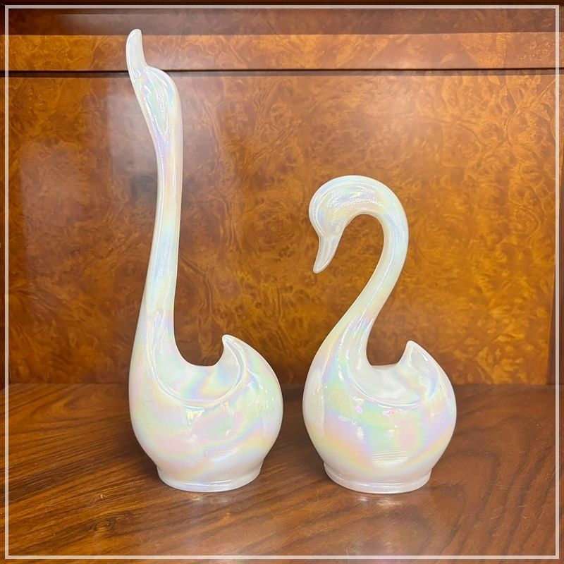 レトロ ホワイトオーロラ ガラス製 白鳥 ペア 2羽セット 24cm