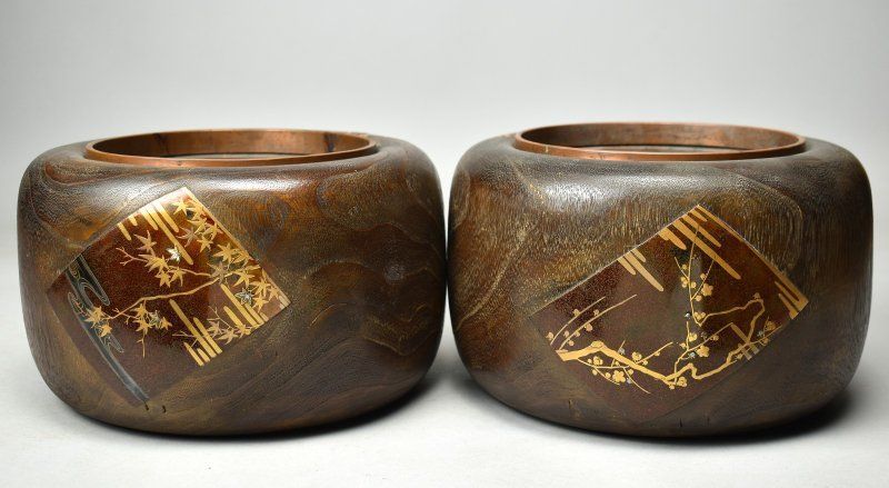 蔵A5318 時代 光琳蒔絵火鉢 一対 明治期